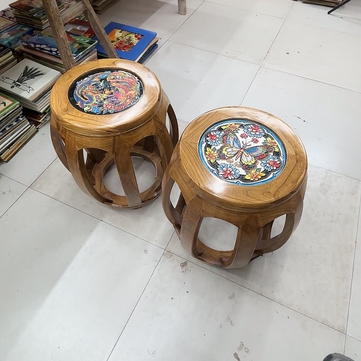 陶瓷板画高度45凳子老榆木