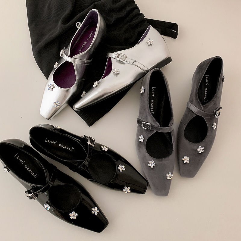 GD KLLN 羊皮/4cm街头风花朵玛丽珍鞋方头水钻单鞋中跟黑色 6591