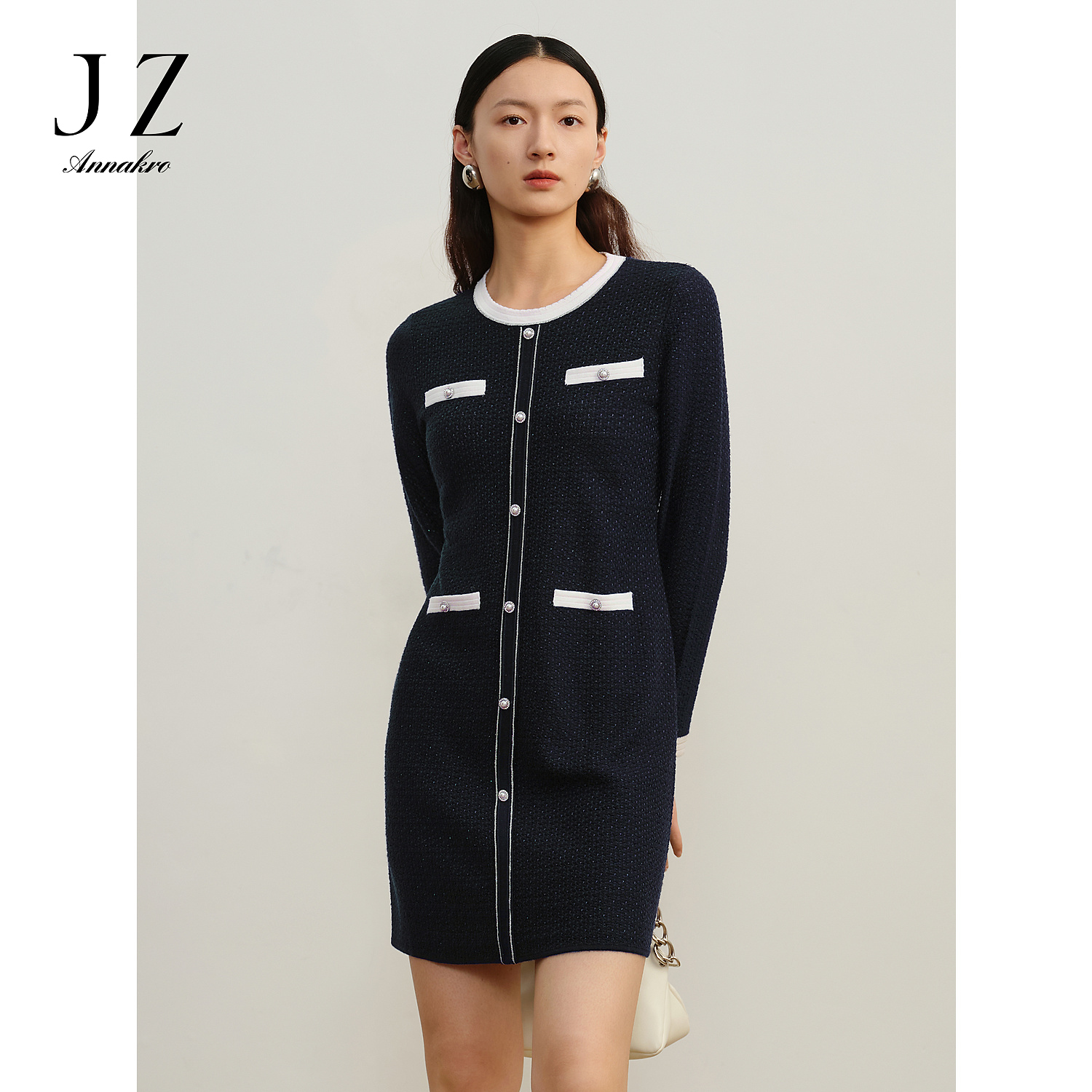 【赵老板专属】玖姿安娜蔻JTDD31437小粗花呢修身连衣裙冬