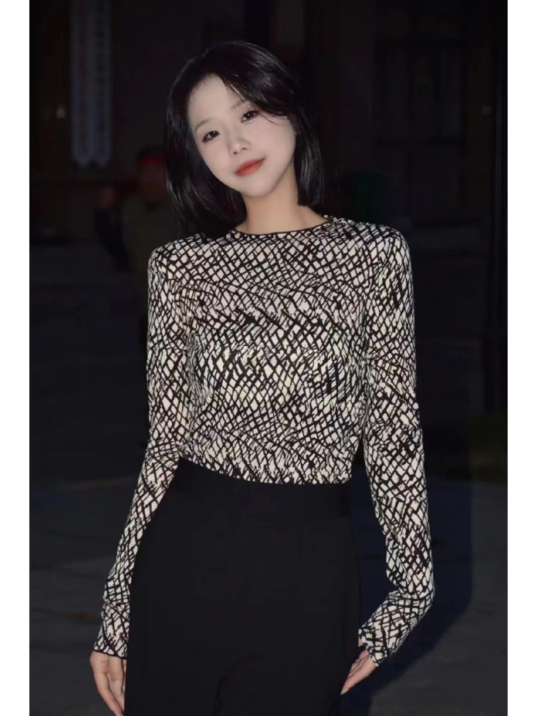 【商场同款】2025秋季新款女装圆领印花网纱长袖打底衫纱衣1300909