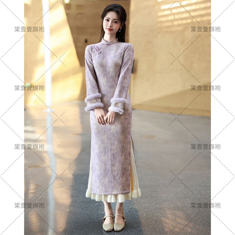 紫色旗袍新中式冬款加绒加厚冬季女款高贵气质优雅中国风显瘦日常