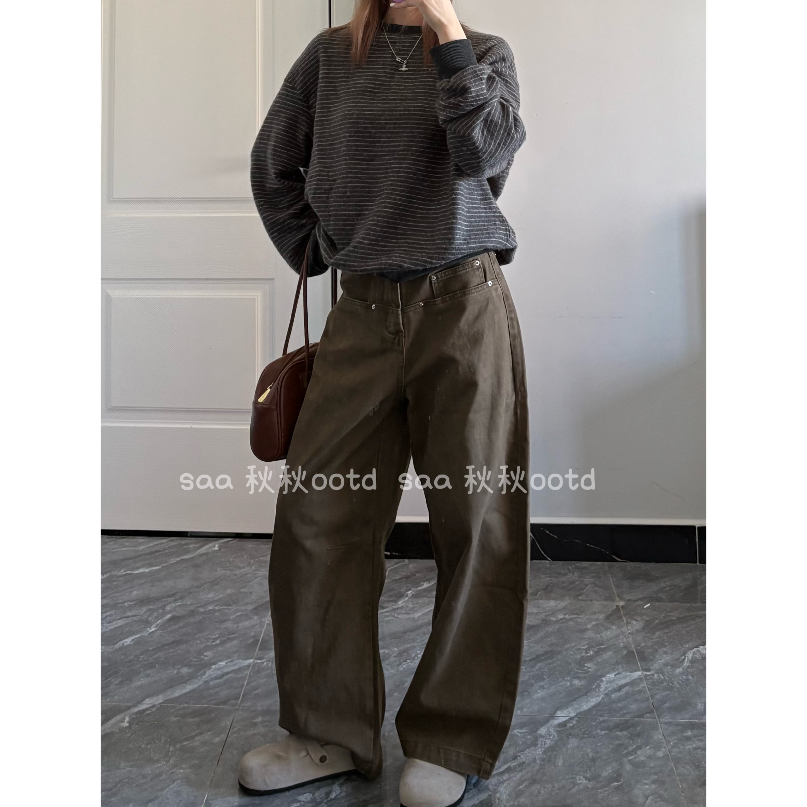 秋秋美拉德咖色弯刀牛仔裤女高腰宽松A版显瘦阔腿裤复古百搭长裤