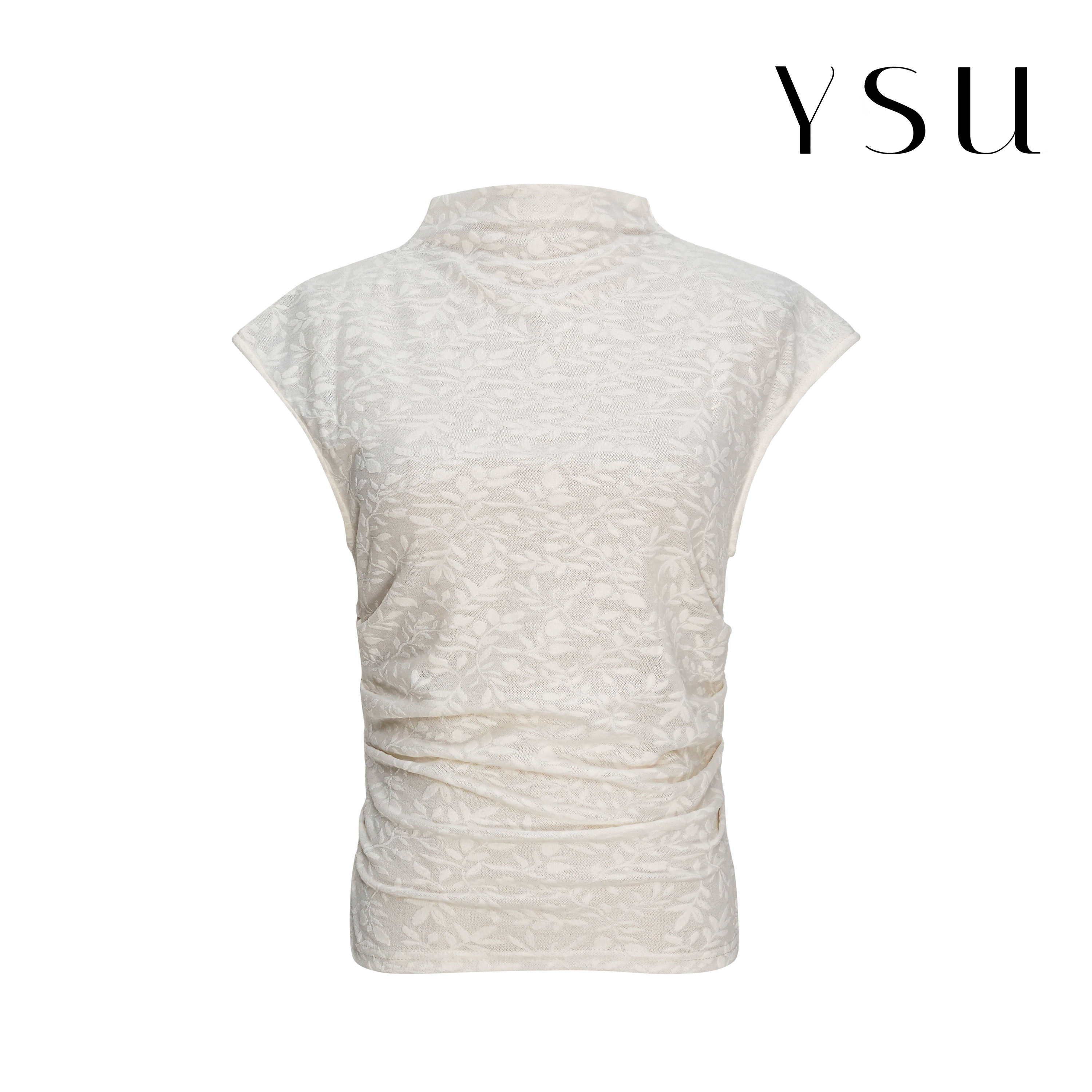 【余书】时尚织花纹理半高领收腰褶皱设计无袖蕾丝上衣Y330142