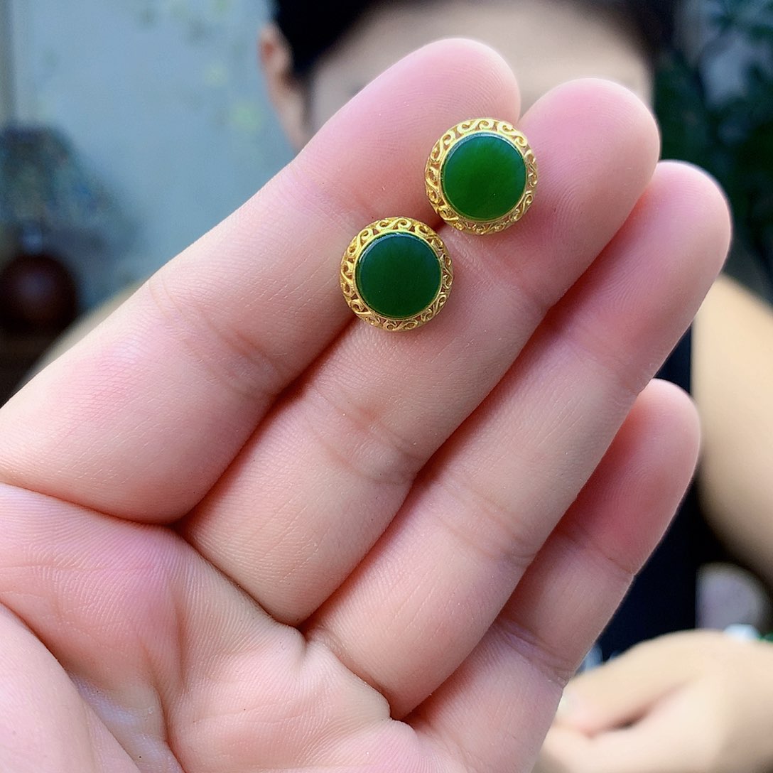 吊坠(不含链)银S925镶嵌和田玉（碧玉）耳钉