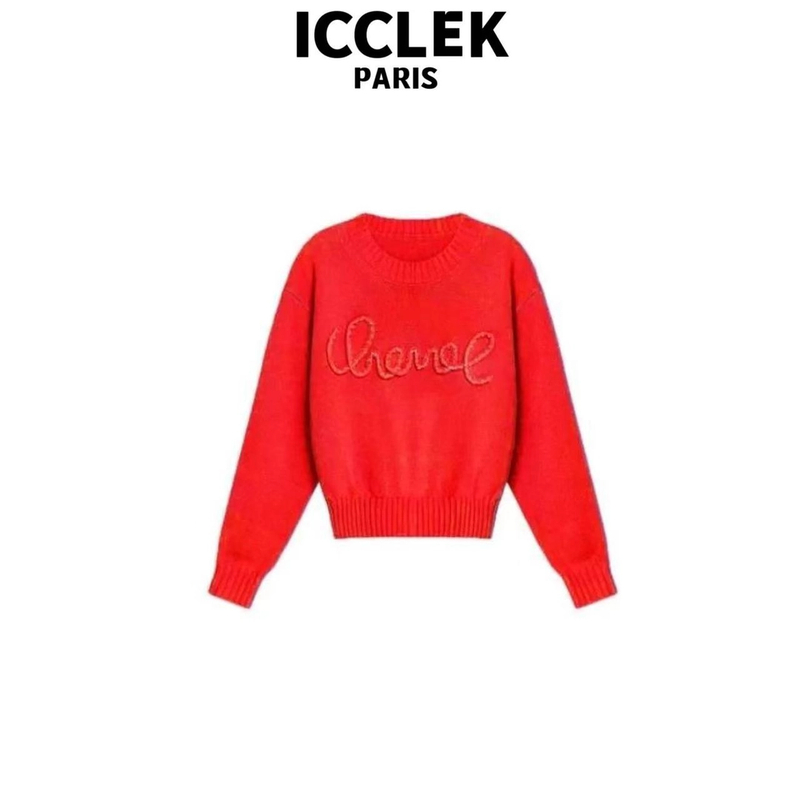 ICCLEK 红色圆领连笔字针织衫 长袖  气质 名媛 宽松 -5131