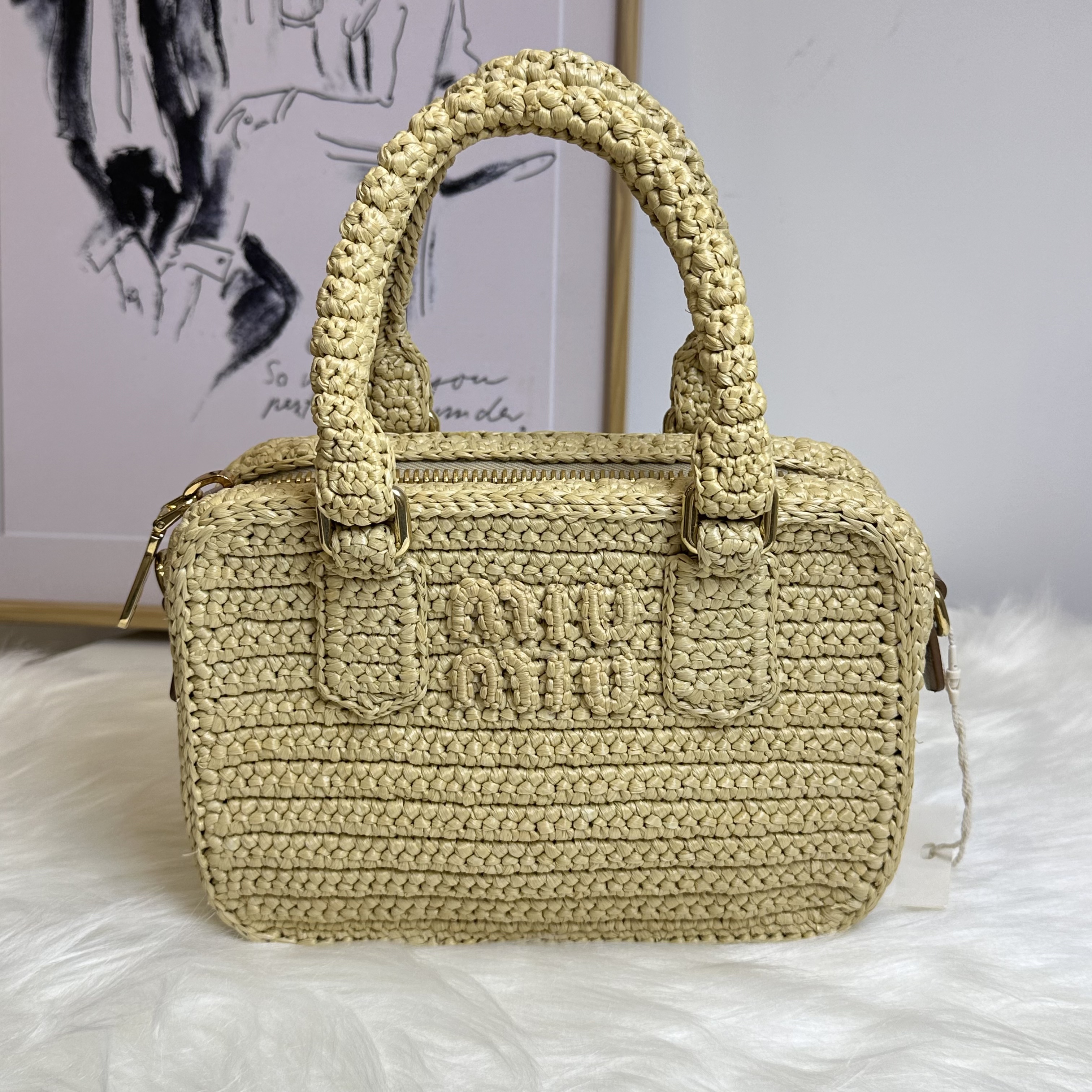 99新 MIU MIU/缪缪 钩织草编小方包时尚百搭