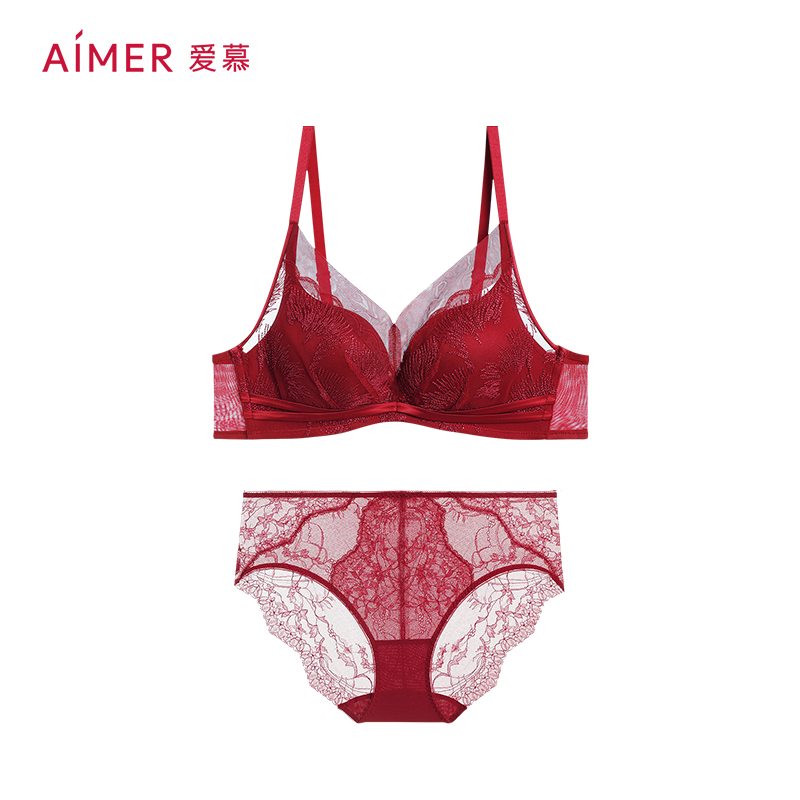 AIMER/爱慕爆款烟花醉文胸红色小胸聚拢套装DY202346