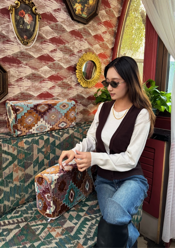 毛针织衫宽松型条纹假两件款短袖开衫款圆领针织薄款