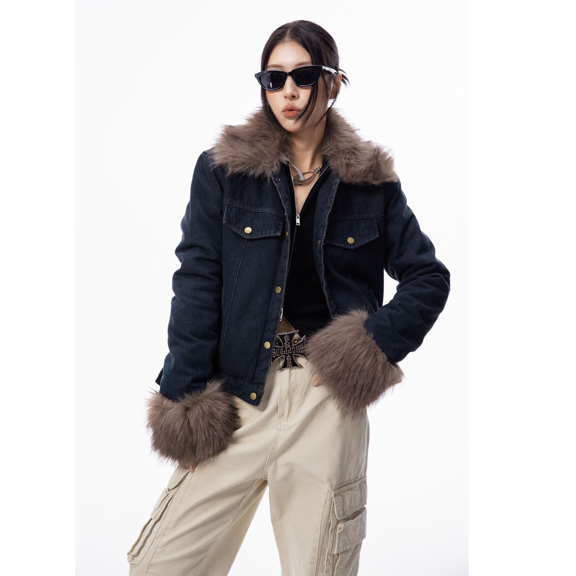 HSNH【可拆卸毛领牛仔棉服】冬季加厚街头加厚韩版外套男女同款