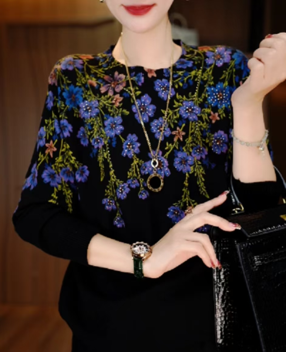 【烫钻工艺】606印花德绒中老年妈妈装网红爆款长袖网红打底衫圆领