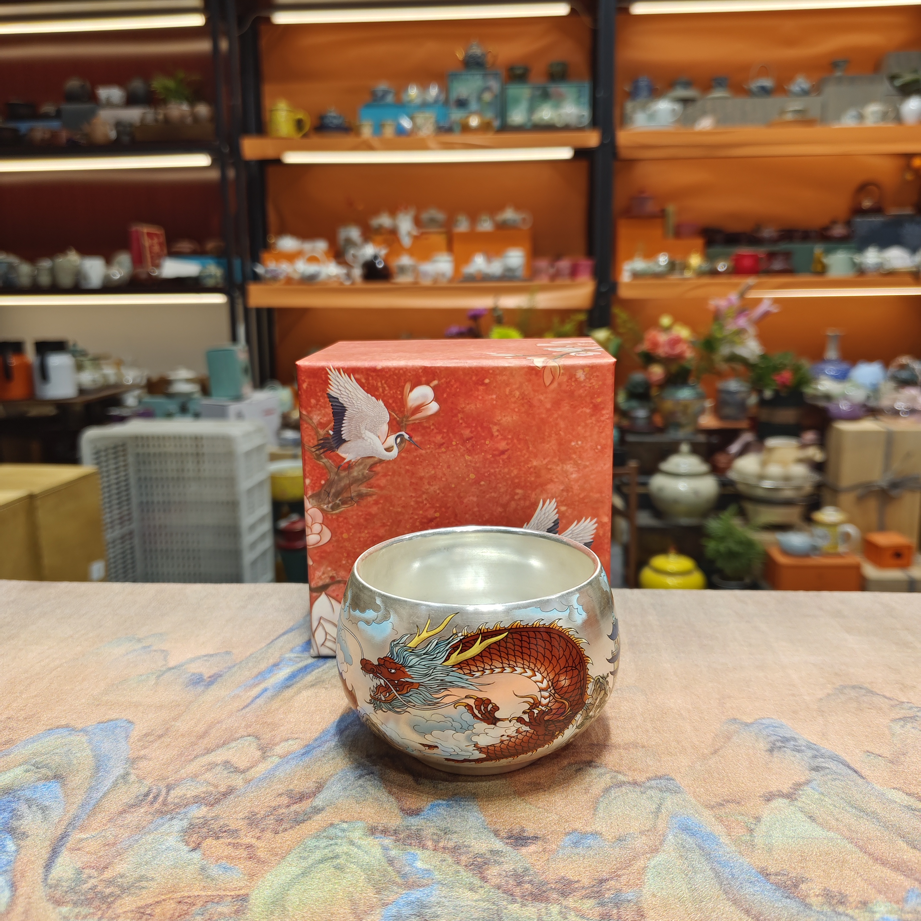 玲珑 瓷胎包银鎏银龙凤禅定对杯主人杯茶杯品茗杯礼盒装-2386