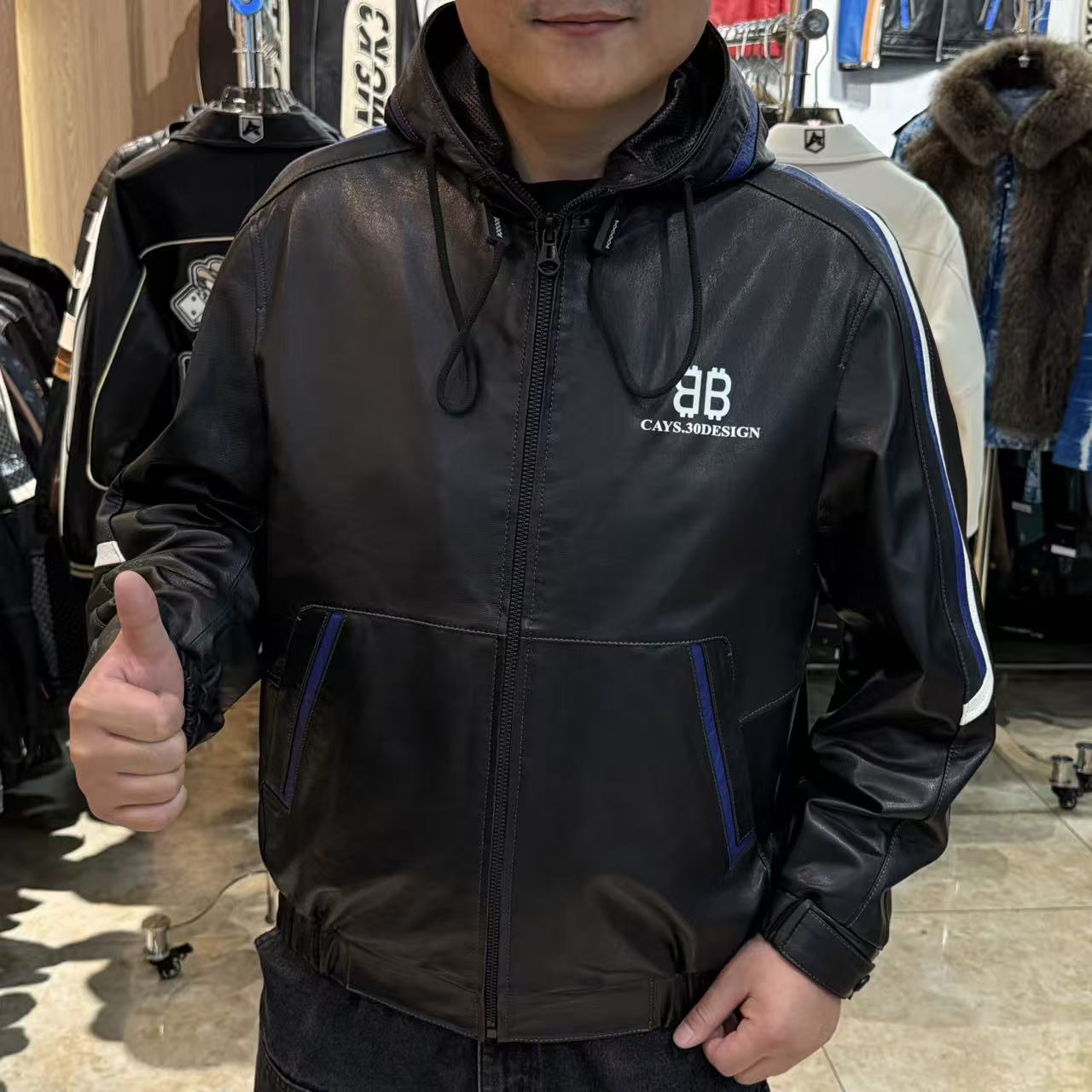 男士春秋休闲真皮山羊皮连帽款式28096 现货