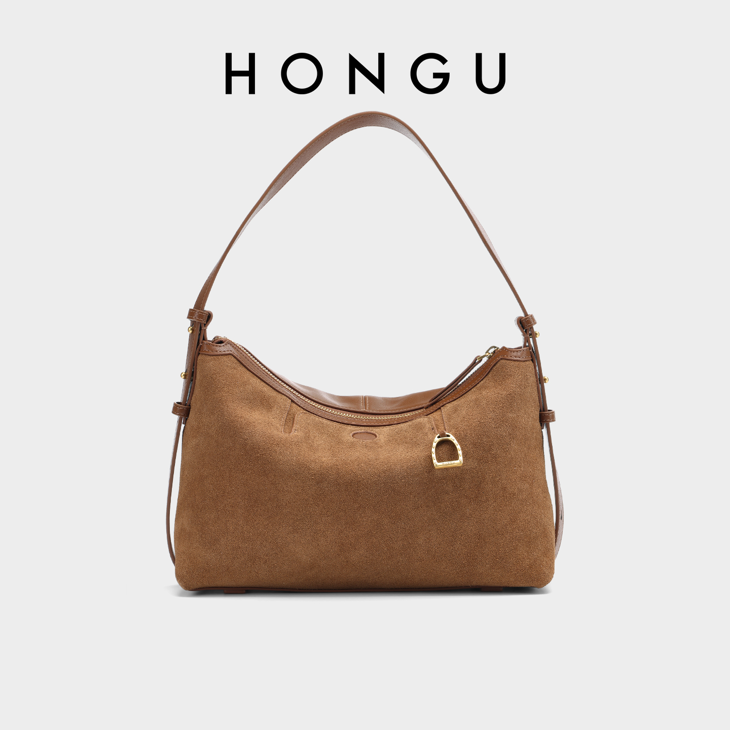 HONGU/红谷女包新款反绒拼接单肩包牛皮大容量手提枕头包HOBO包