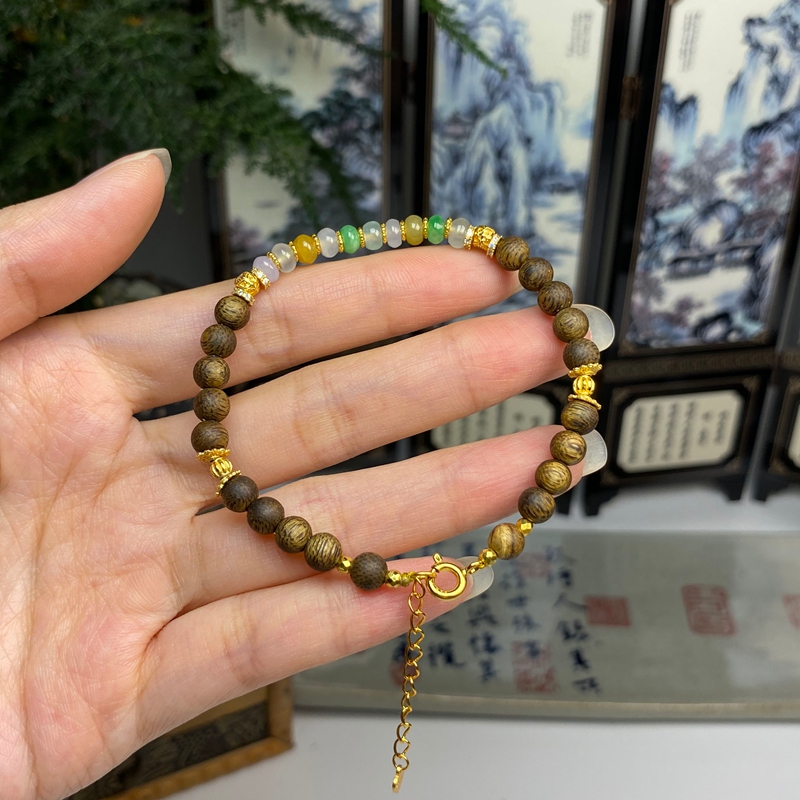 黄绿三彩算盘鼓珠配沉香手链 天然翡翠A货