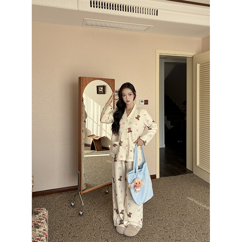 肉装小cherry 眠眠小熊派对 童趣印花柔感睡衣套装微胖秋冬家居服