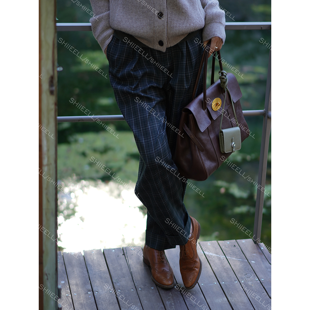 SHIIEELL【英式格雷】老钱风定染色织绿格裥褶休闲裤W8014