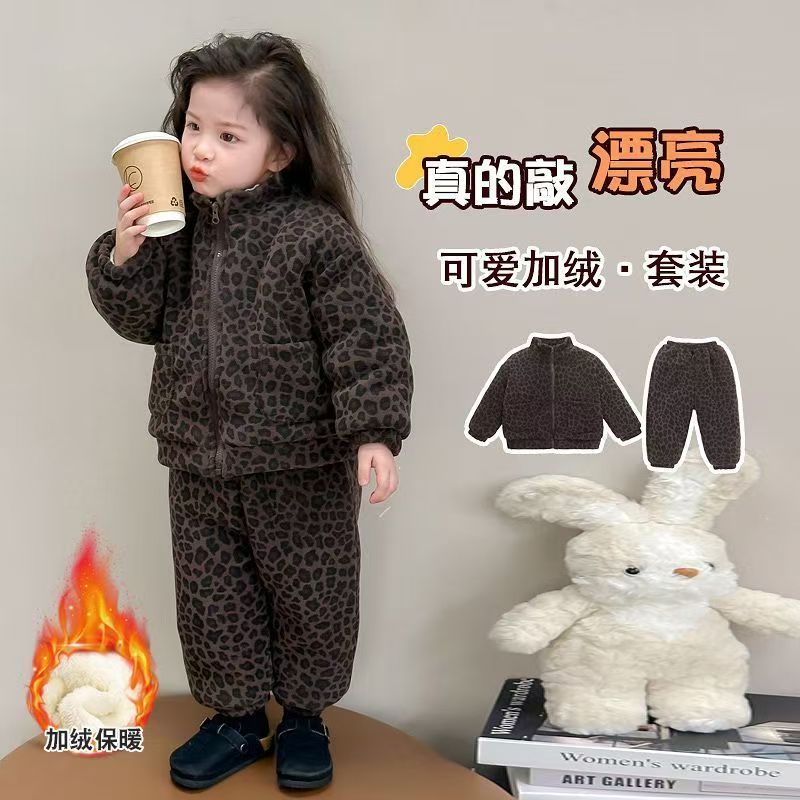 儿童冬季豹纹套装2025新款爆款洋气加绒加厚棉衣棉裤男女童保暖衣