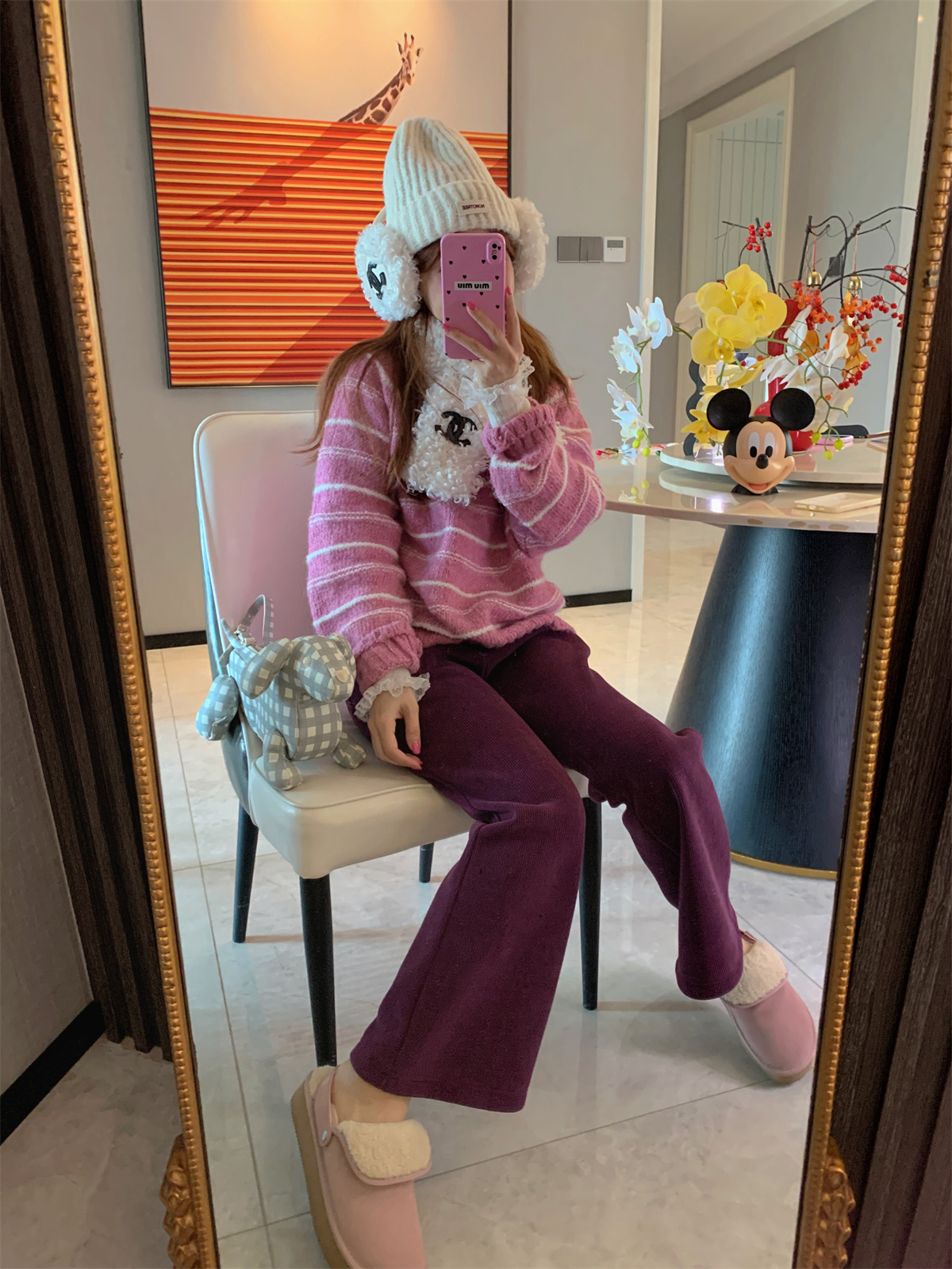 JENNIFER JXLIU韩版 冬季～好美的粉紫色条纹马海毛显白保暖毛衣女