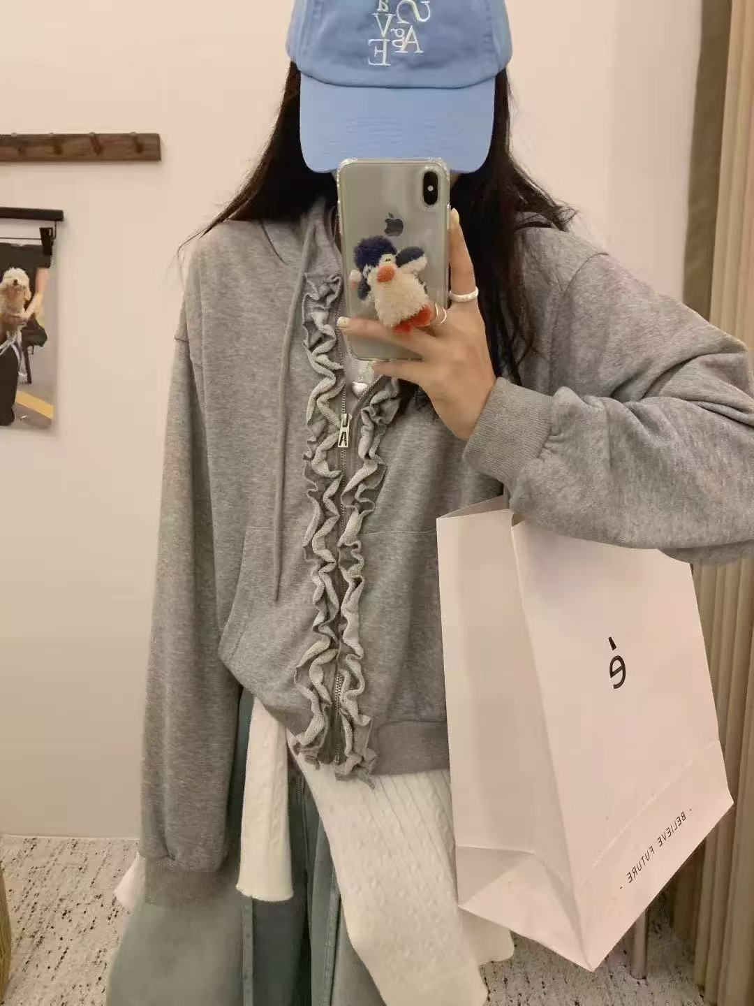 秋季韩版木耳边简约纯色连帽拉链外套