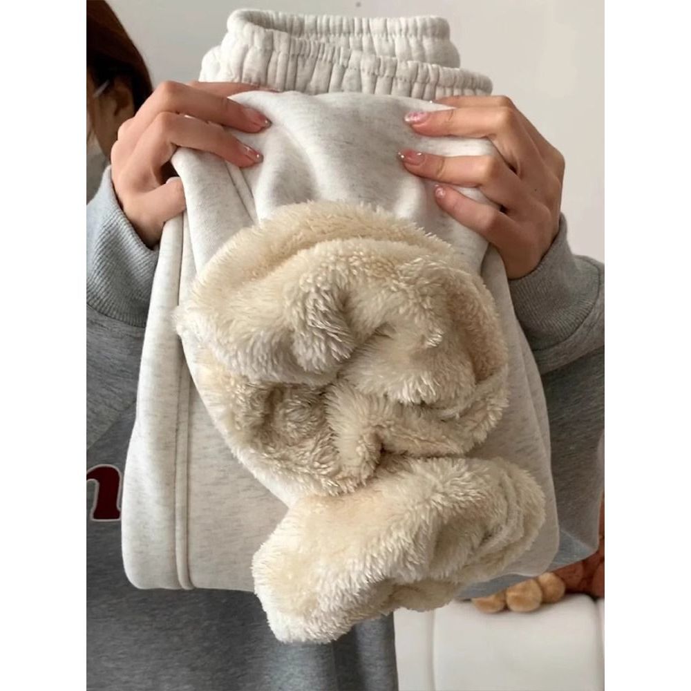 高腰白灰色羊羔绒裤子2025秋冬季运动裤新款加绒加厚保暖束脚休闲