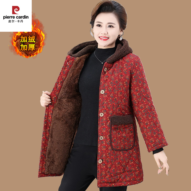 皮尔卡丹中老年冬季加绒加厚碎花棉衣妈妈冬装连帽棉袄外套保暖棉
