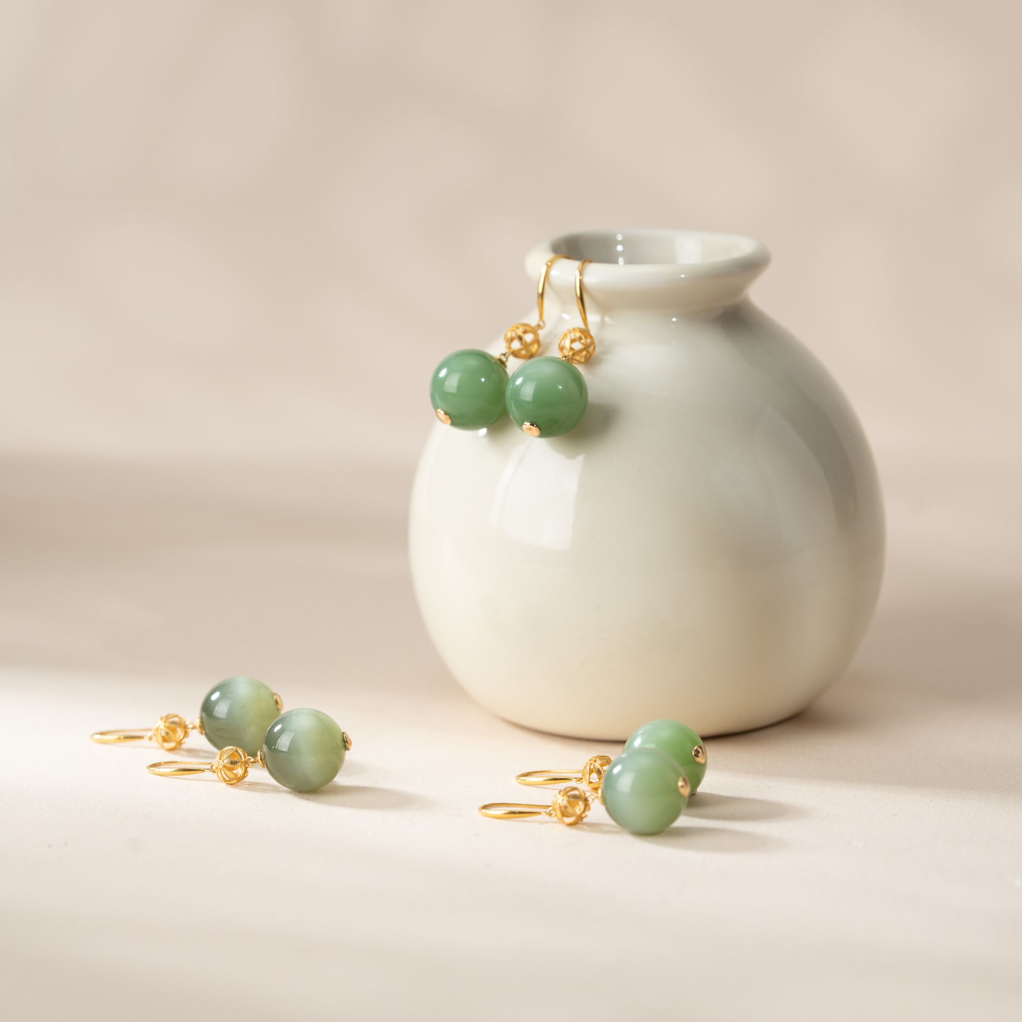 18K金和田玉碧玉猫眼单珠耳饰 多样性发一件 q1