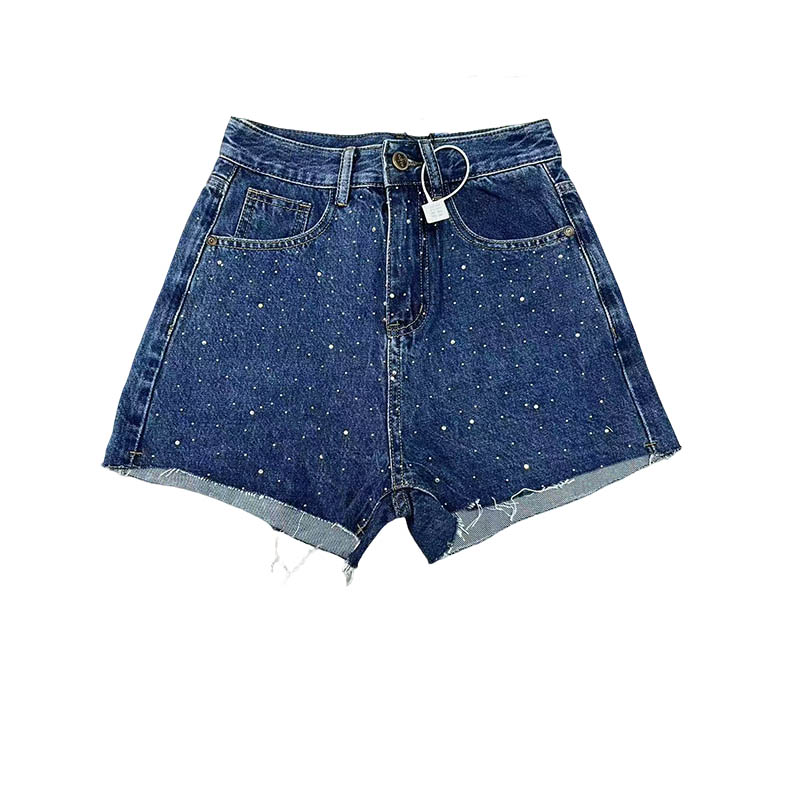 （女装）8017 夏季时尚显瘦设计感小众宽松蓝色高腰烫钻牛仔短裤