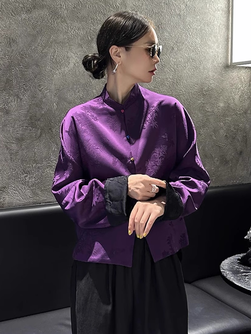 新中式国风双面穿撞色短外套女高级感立领七彩盘扣提花开衫上衣秋