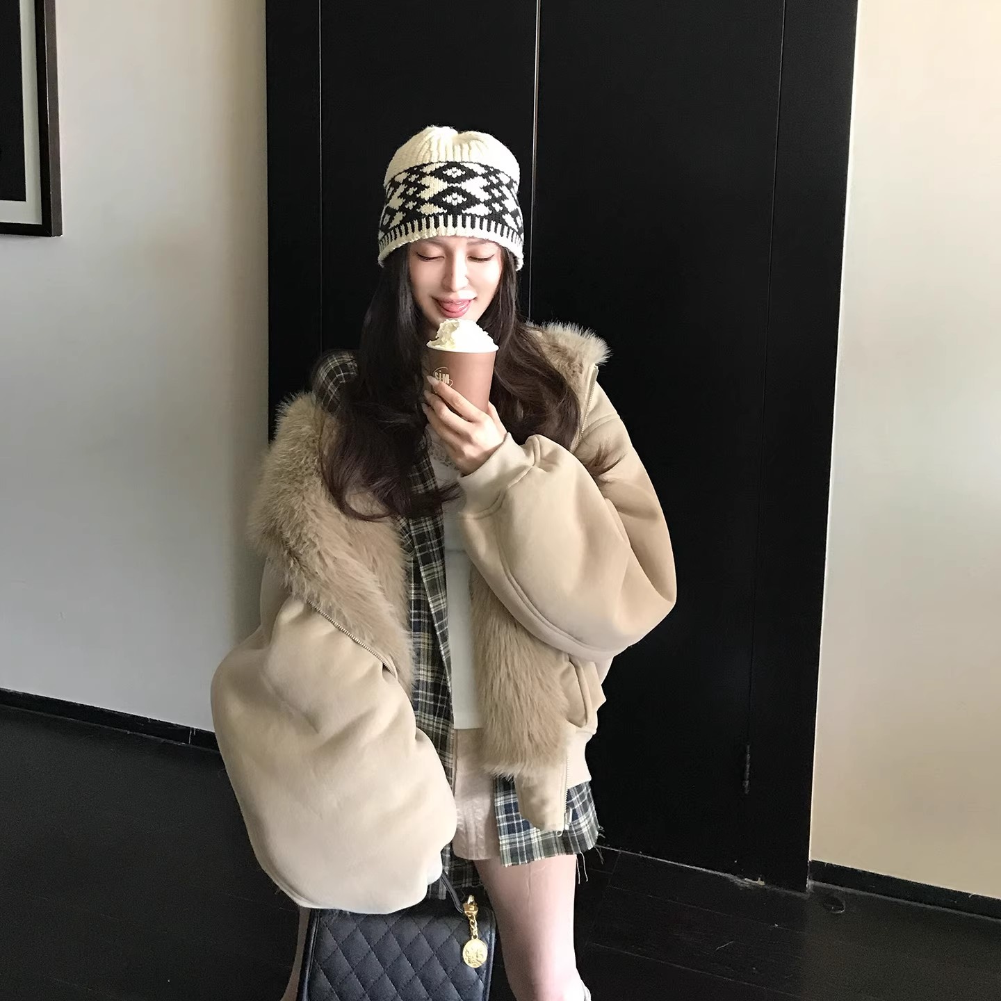 人造皮草 正反两穿年轻款冬加厚保暖毛茸茸环保皮草连帽卫衣外套