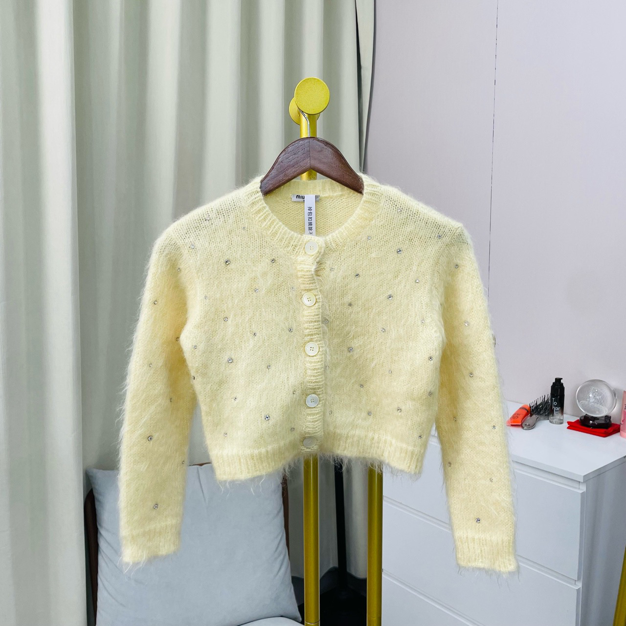 99新 MIU MIU/缪缪 Miumiu 鹅黄色水钻马海毛外套 42码 99新
