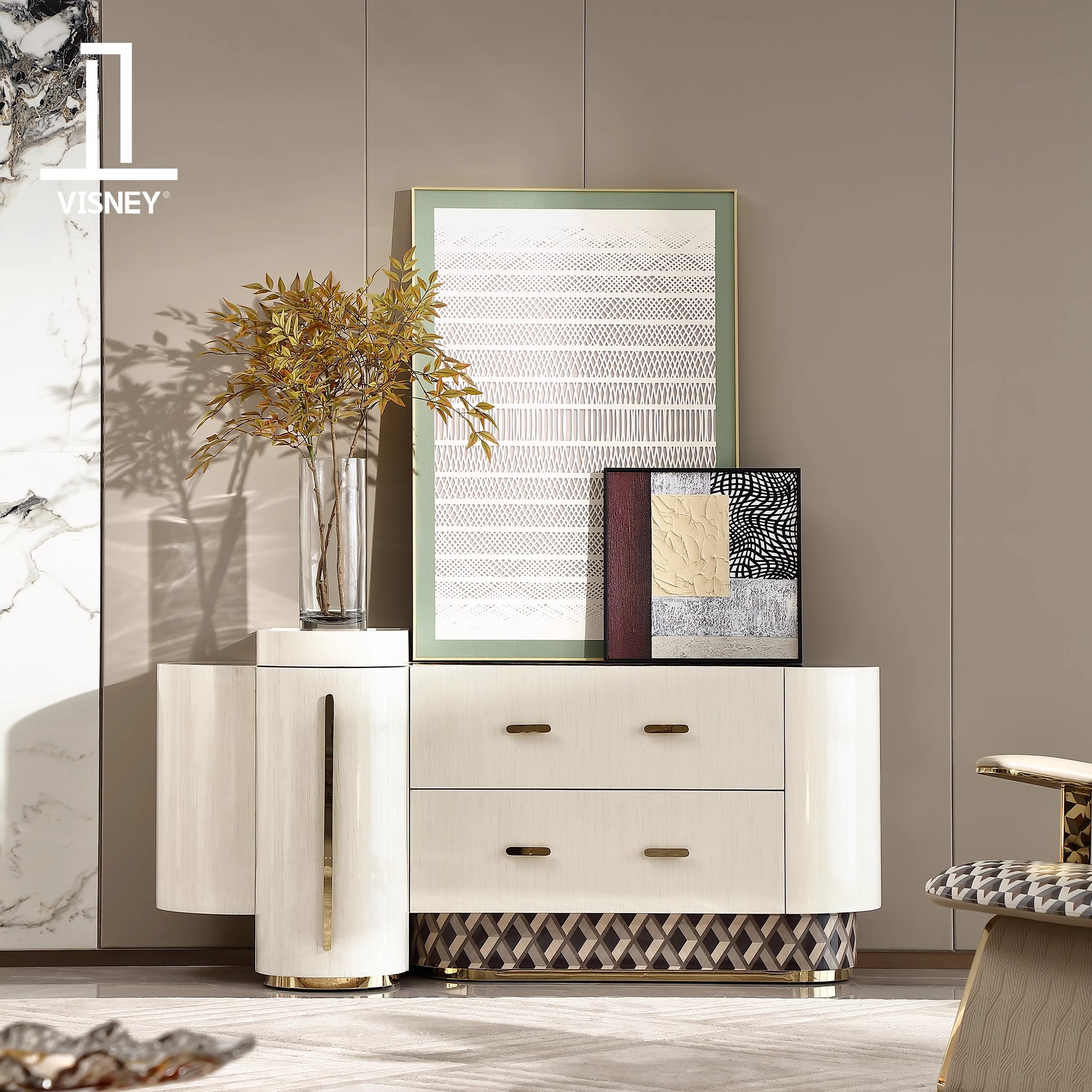 卫诗理Rebecca意式高奢奢石实木餐边柜高端餐厅天然大理石边柜L11