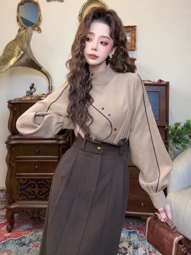 【511】衬衫气质显瘦时尚法式复古女装常规款拼接设计感立领小众