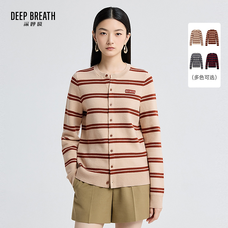 DEEP BREATH深呼吸女装新款圆领条纹拼色长袖针织开衫A401361