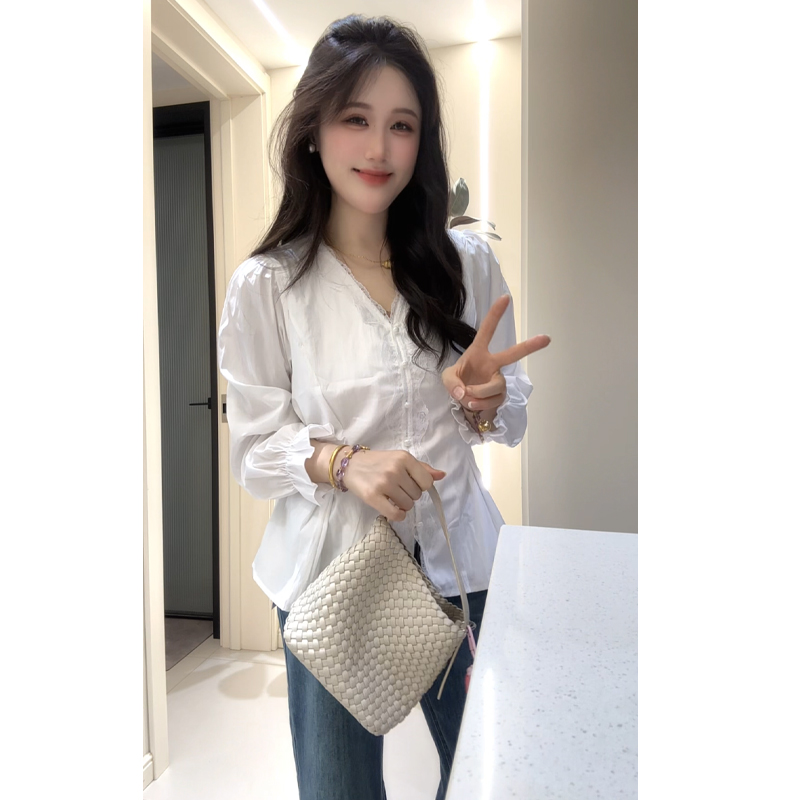 【运费补贴】2025秋新款大码女装胖MM蕾丝拼接长袖衬衫显瘦上衣8287