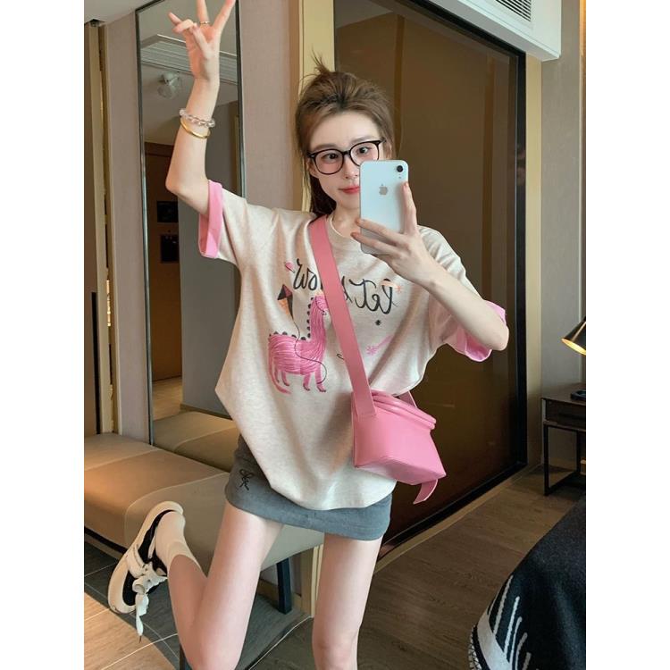 8015  潮流洋气卡通撞色恐龙印花宽松休闲T恤高级感百搭上衣