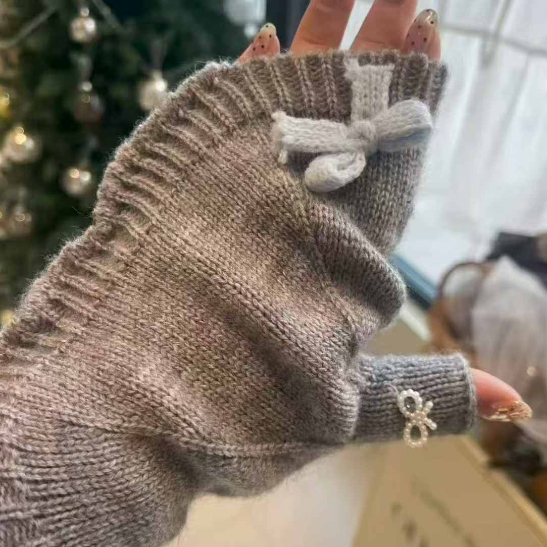 【cl春里家】东大门正品美拉德冬季两用拼色针织露指触屏保暖手套