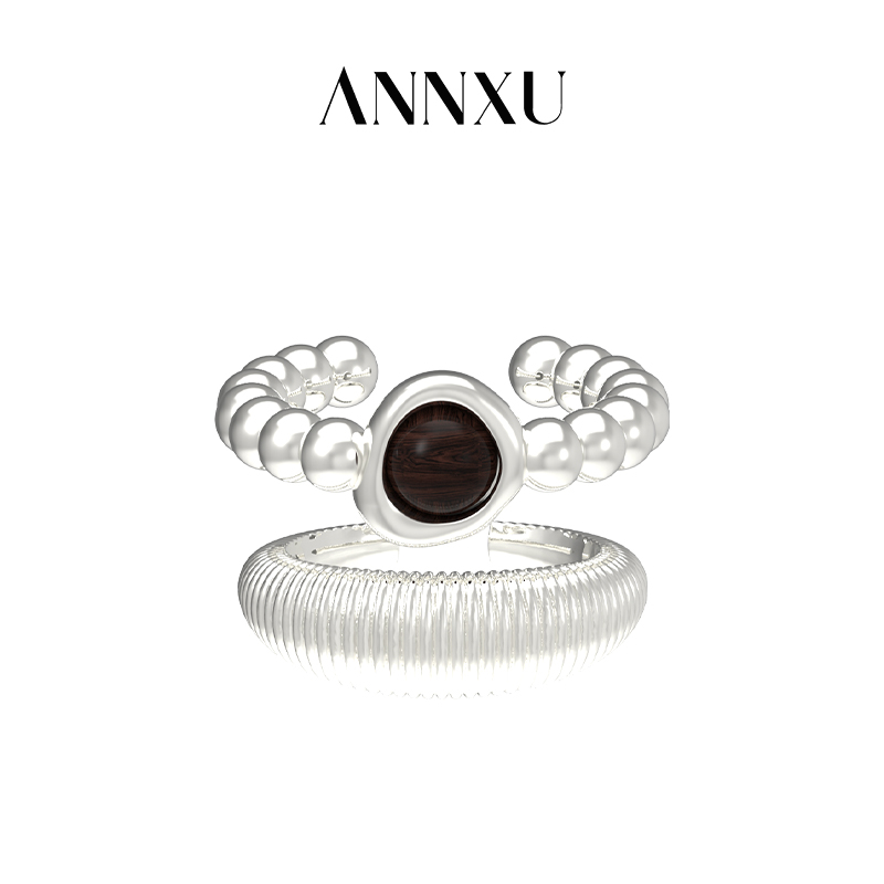 ANNXU 铜合金木质戒指 Moon Moon月食系列环形套戒开口戒指