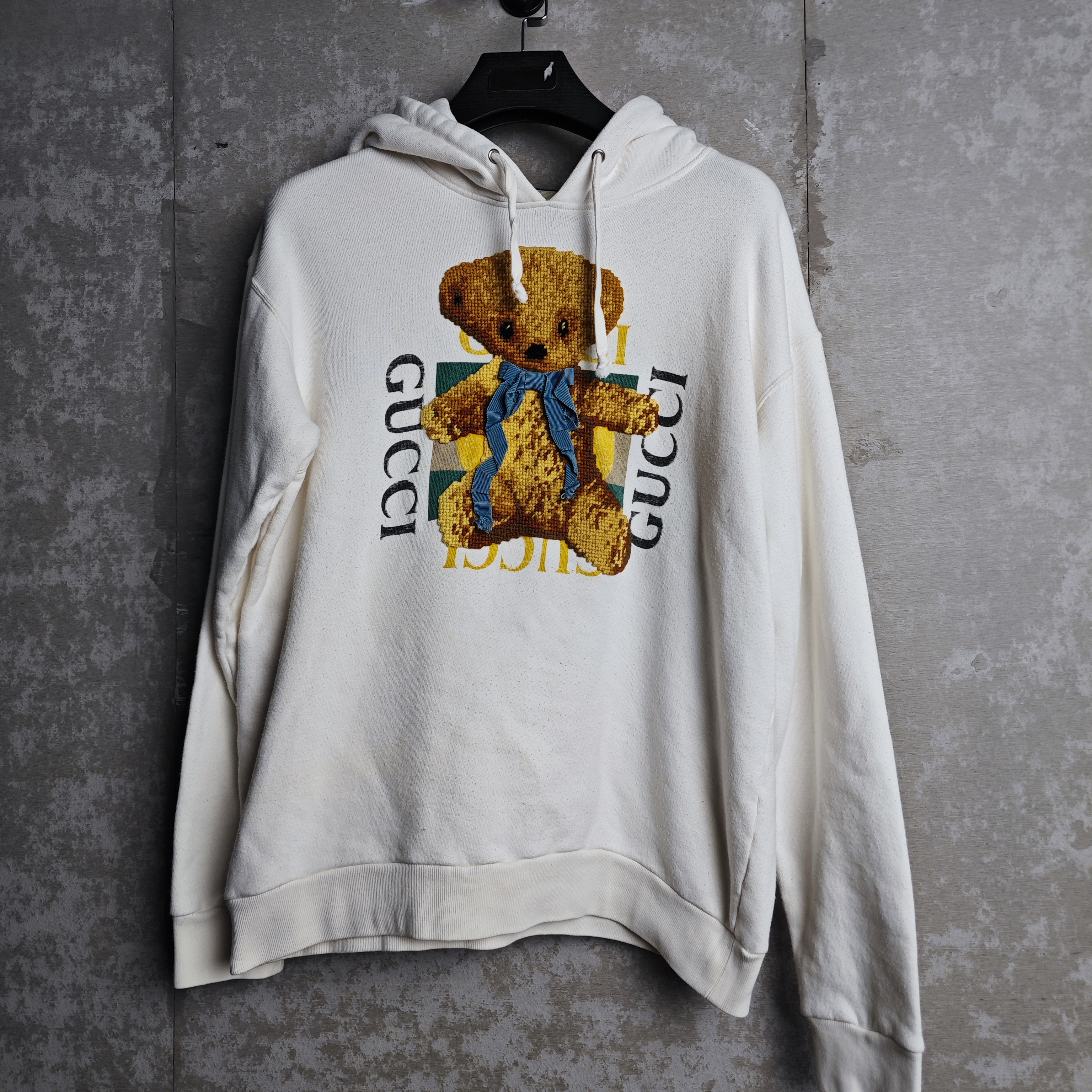 99新 GUCCI/古驰 S/古驰泰迪熊印花白色连帽卫衣/13197/JP