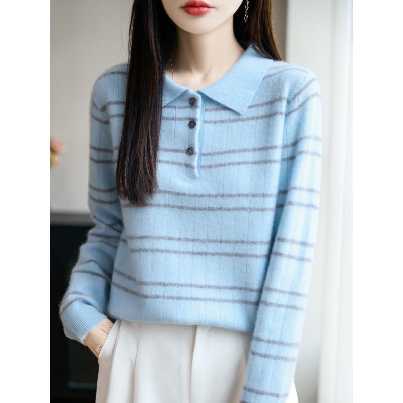 品质高级感100%羊毛polo翻领半开扣条纹宽松显瘦D296