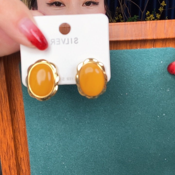 蜜蜡耳饰银S925镶嵌耳钉