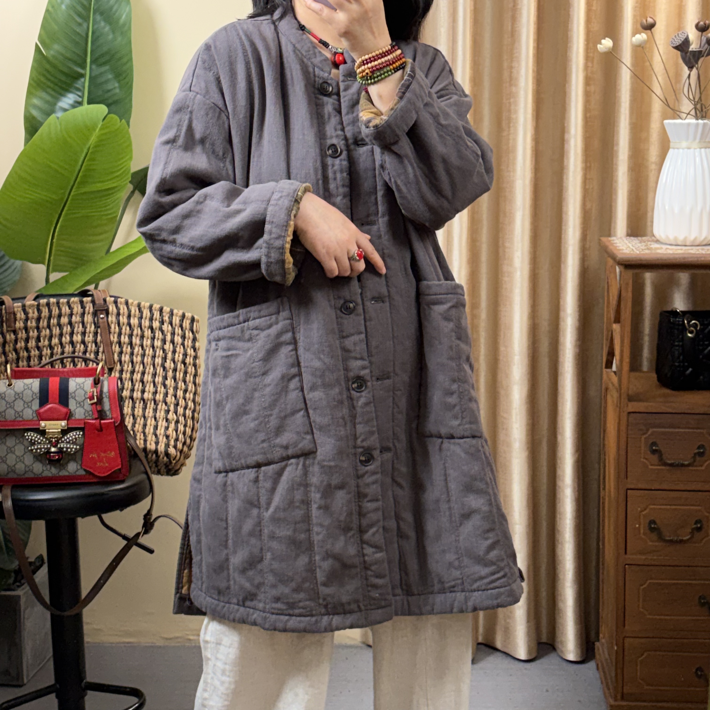 芳姐 冬季新款宽松时尚百搭砂洗亚麻中长款棉服外套