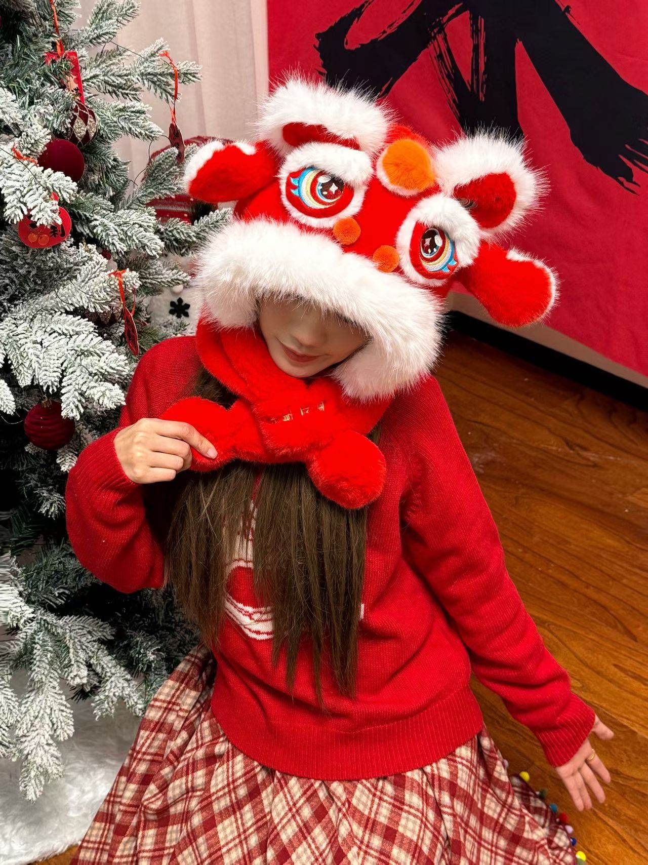 国潮醒狮帽子女耳朵会动新年红色毛绒护耳帽