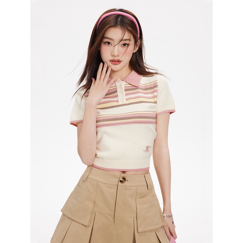 NTOT 设计师款原创撞色条纹POLO领T恤针织刺绣短袖 NOTDX23097