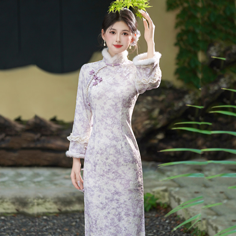 【三番·紫米】加绒加厚国风中式长袖旗袍改良女高级感复古修身冬季