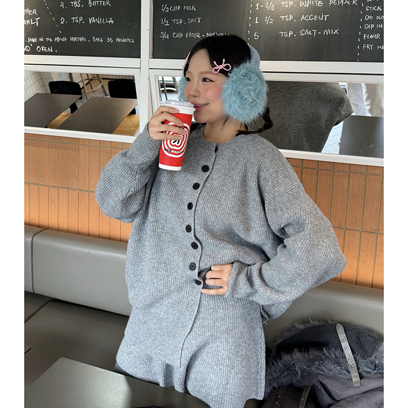 宽松圆领开衫毛衣秋冬季慵懒风韩版松紧腰针织半身裙时尚两件套