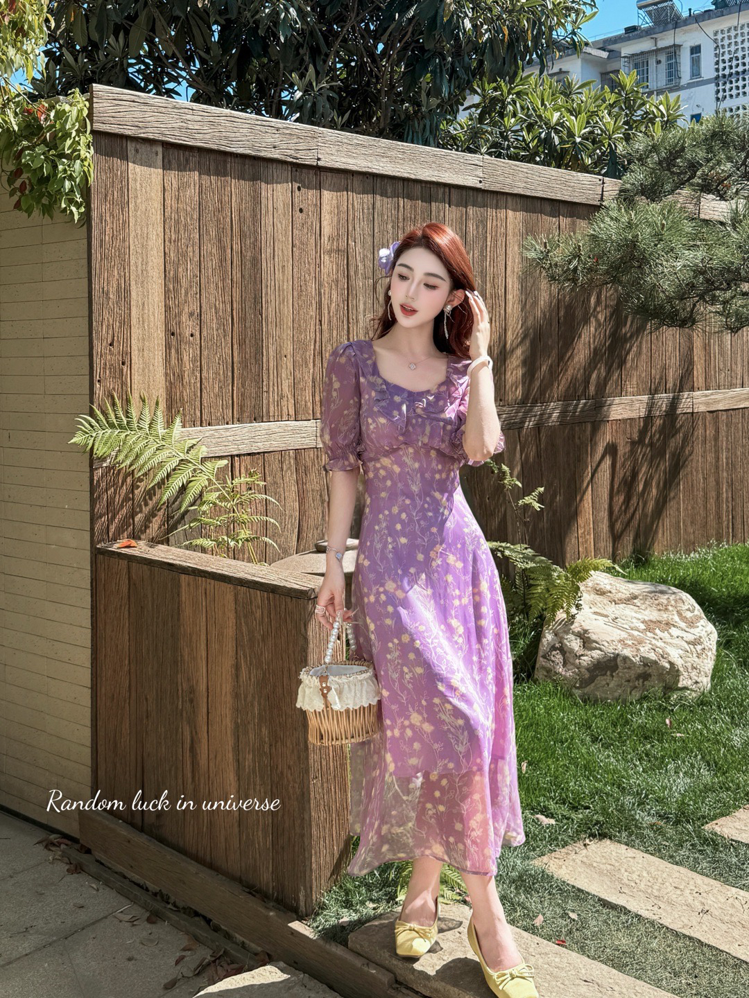 温柔荷叶边印花长款碎花连衣裙显瘦气质复古法式风格