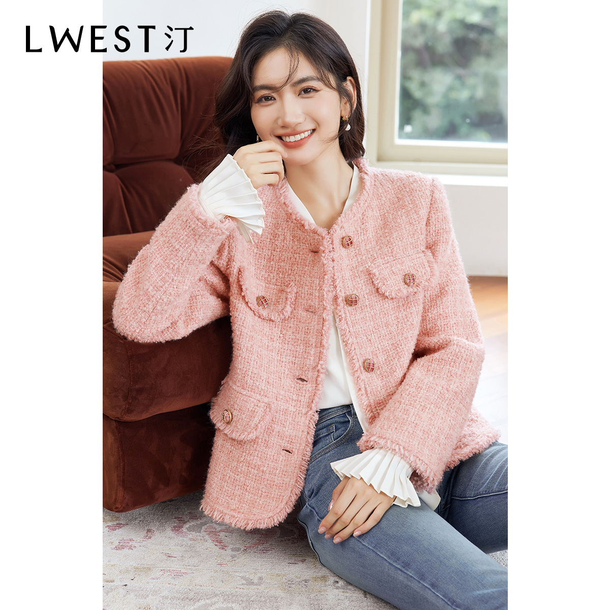 朗文斯汀冬装新款流苏粉色小香风短外套DTMW3508D12034