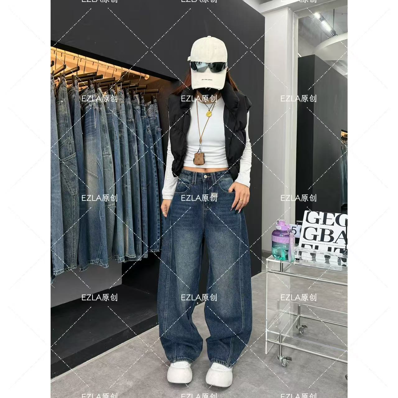 EZ8688-秋冬加绒新款2025百搭设计显瘦显腿长炸街美式牛仔弯刀裤