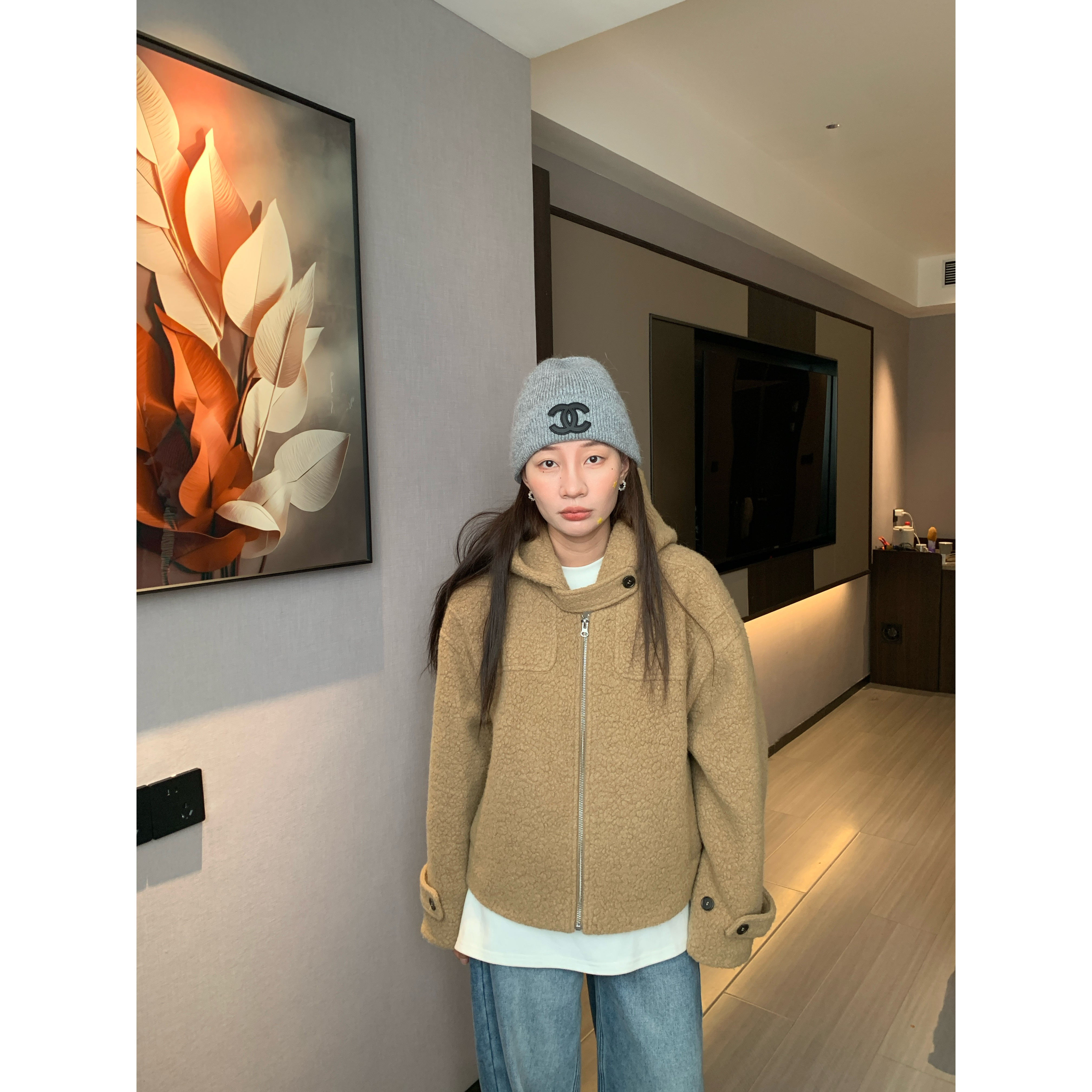 ONNI毛呢外套韩系高级感戴帽款小个子大衣女冬季慵懒外套#7037