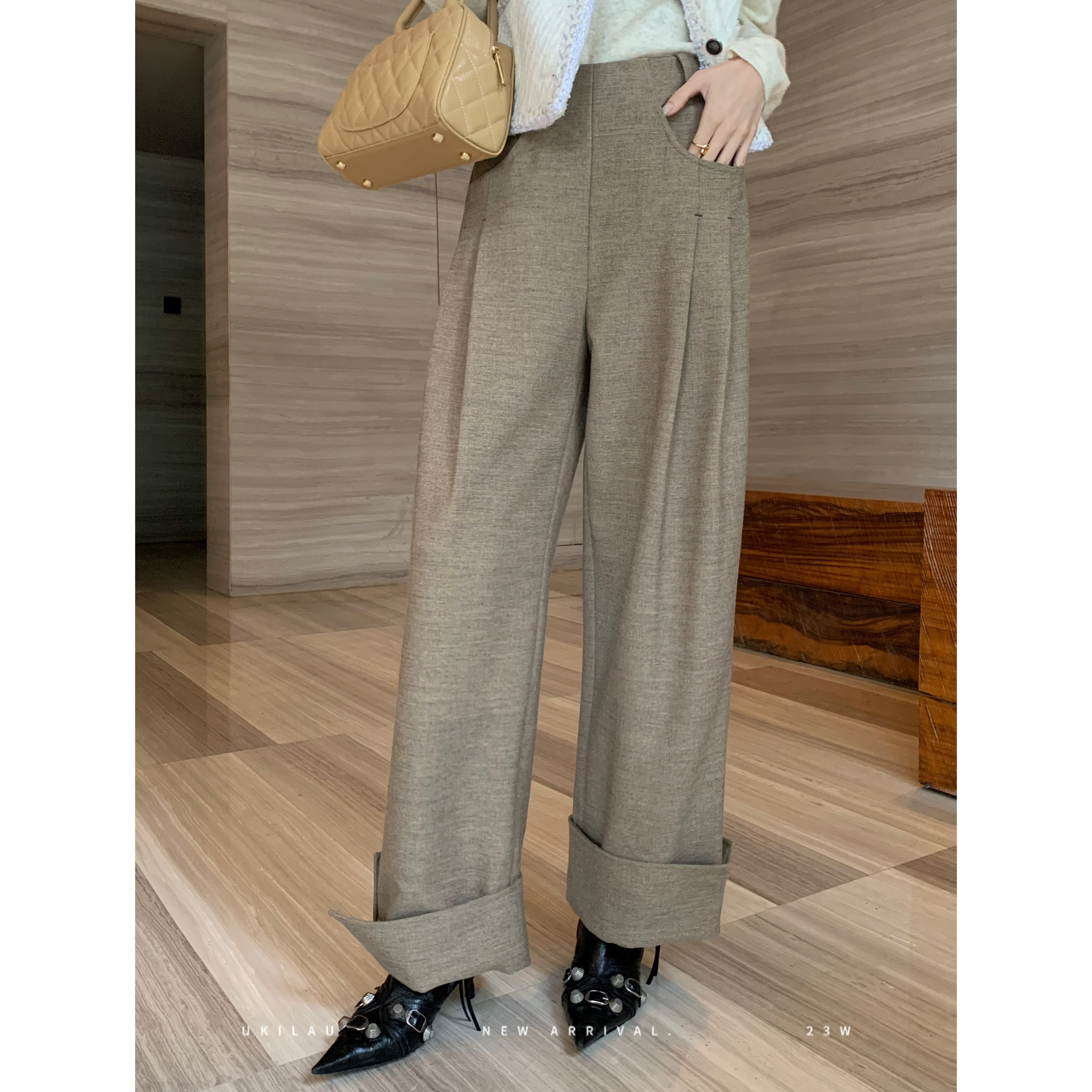 【现货】UKILAU泰勒裤 阔腿裤冬款休闲宽松遮胯显瘦高腰磨毛直